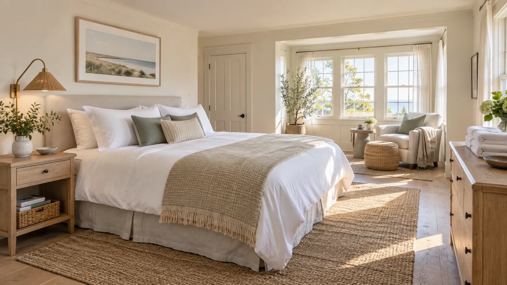 Illustrative view of a guest-ready Cape Cod bedroom with crisp bedding, folded towels and a sitting nook.