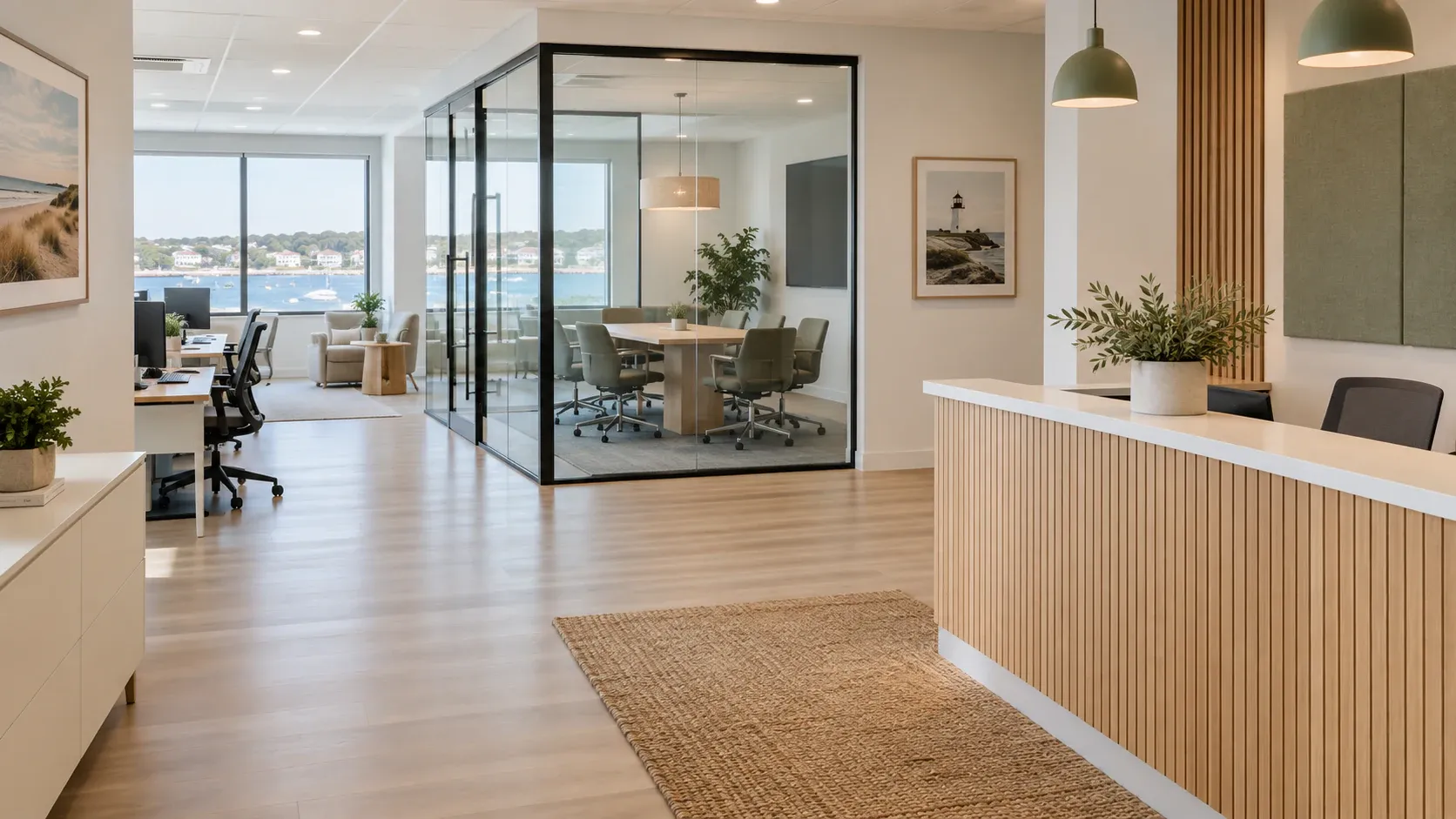 Illustrative view of a clean small-business reception area, office and glass meeting room.