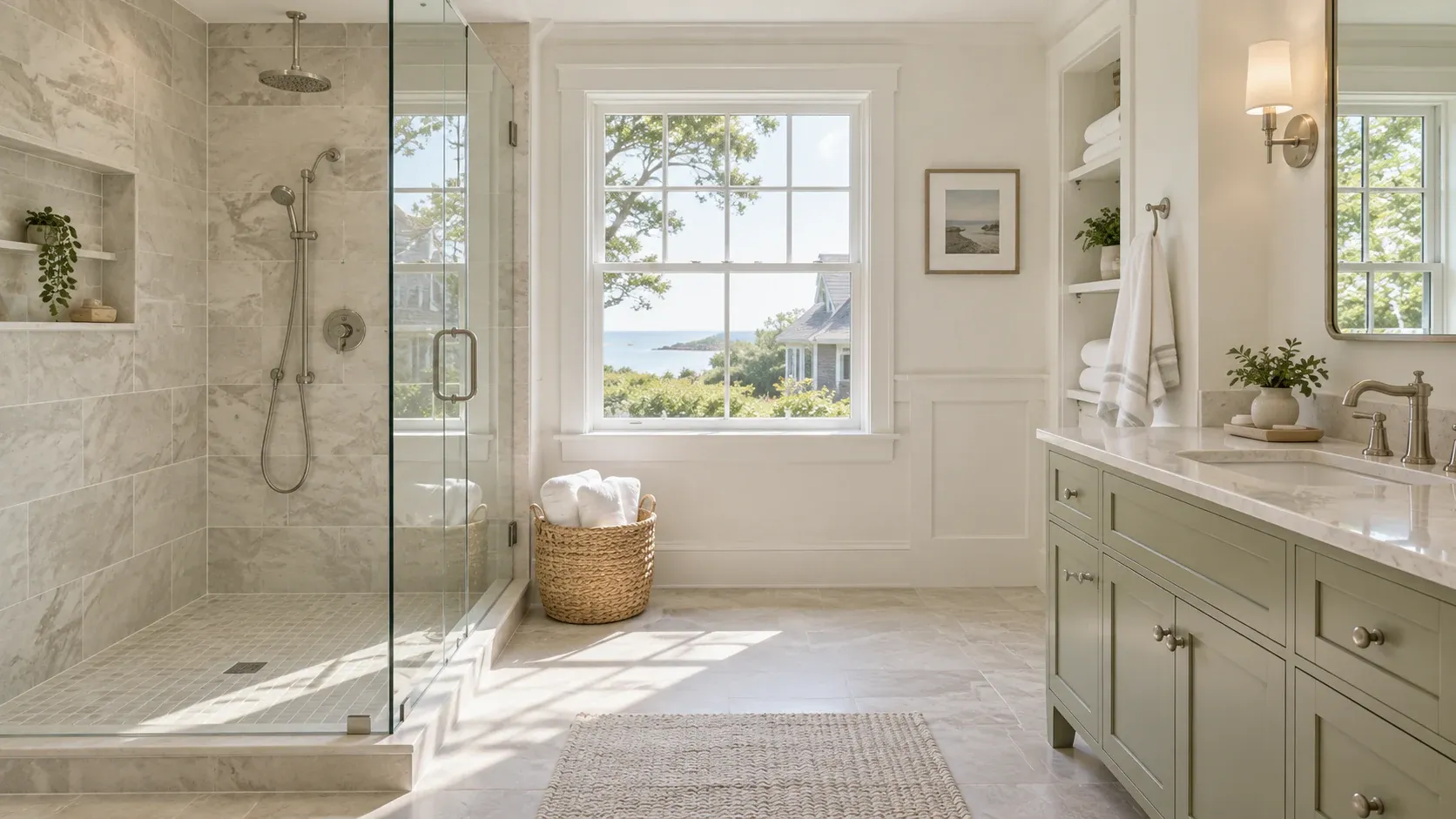 Illustrative view of a spotless bathroom with a glass shower, pale tile and clean vanity.