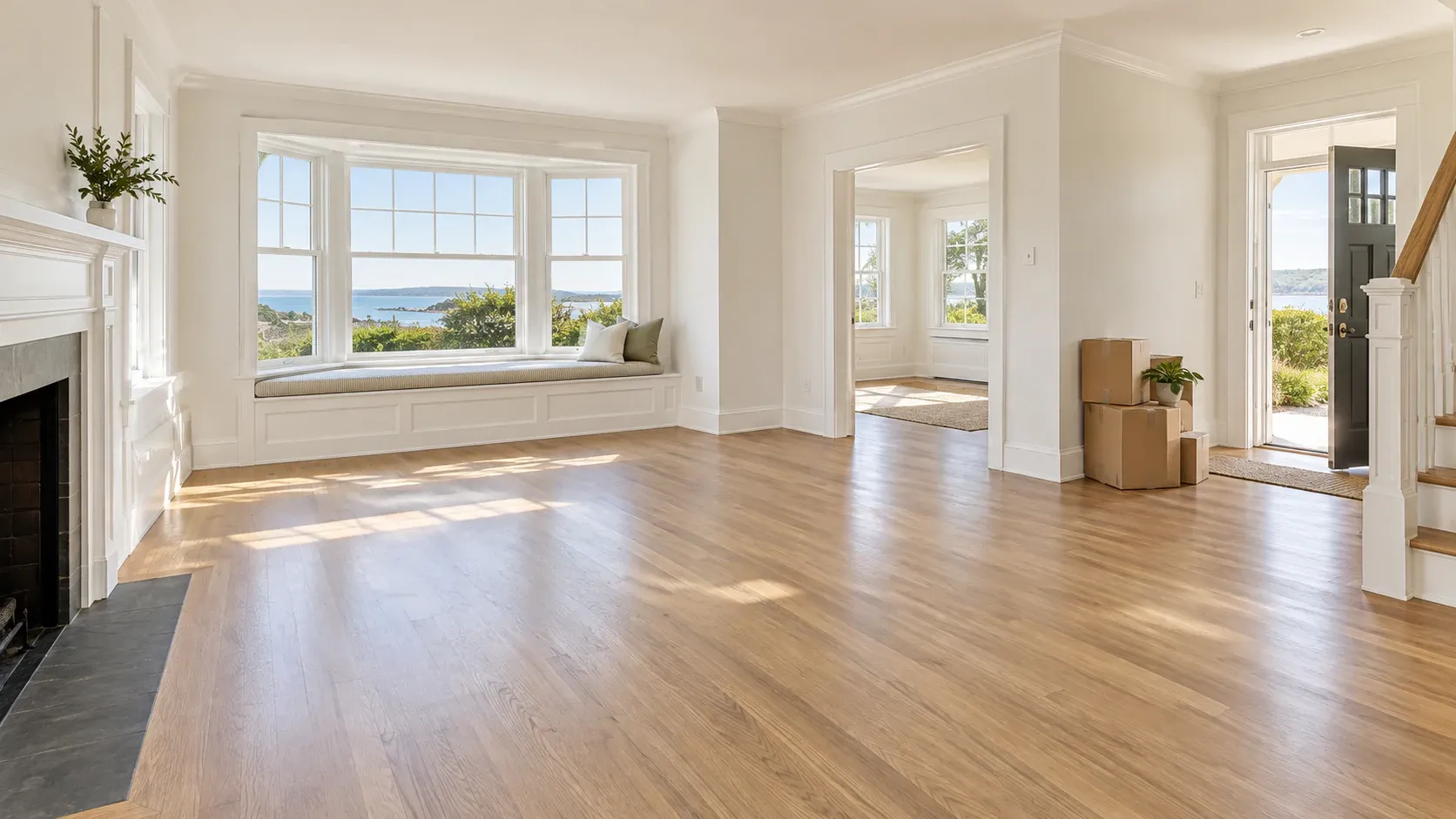 Illustrative view of an empty, spotless living room with moving boxes near an open door.