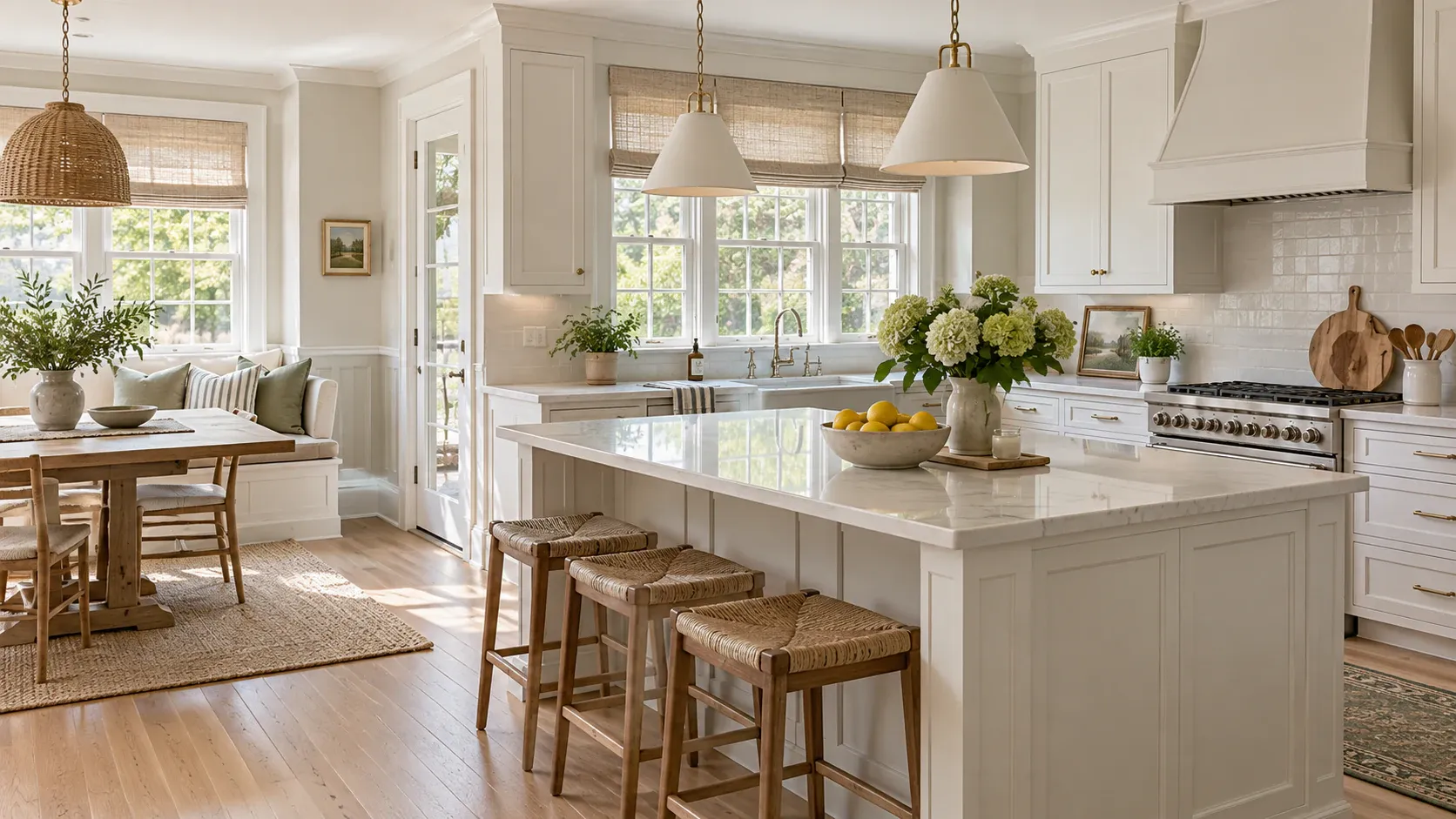 Illustrative view of a bright, tidy Cape Cod kitchen with clean counters, floors and breakfast nook.