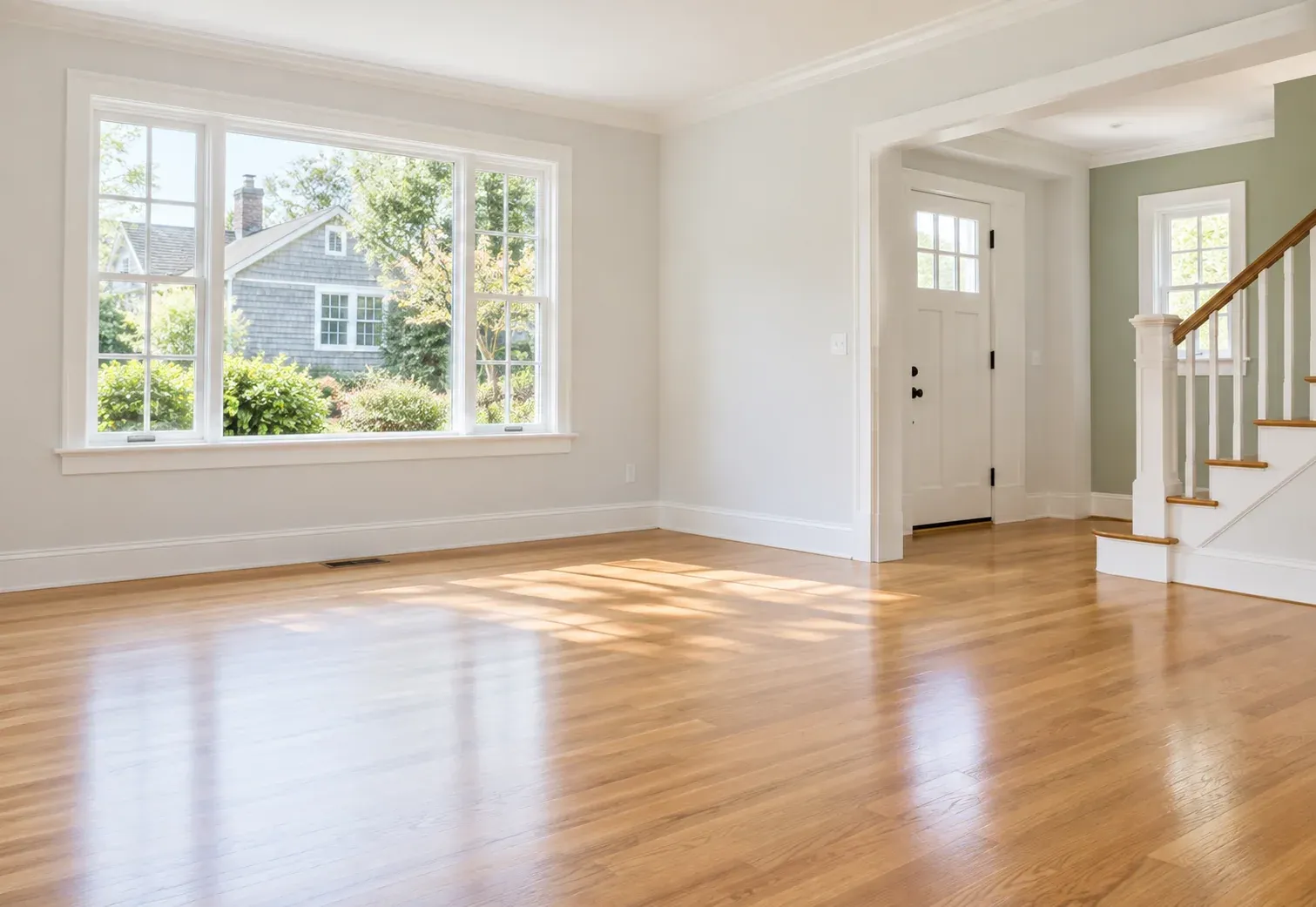 A clean empty living room with polished wood floors and daylight through large windows.